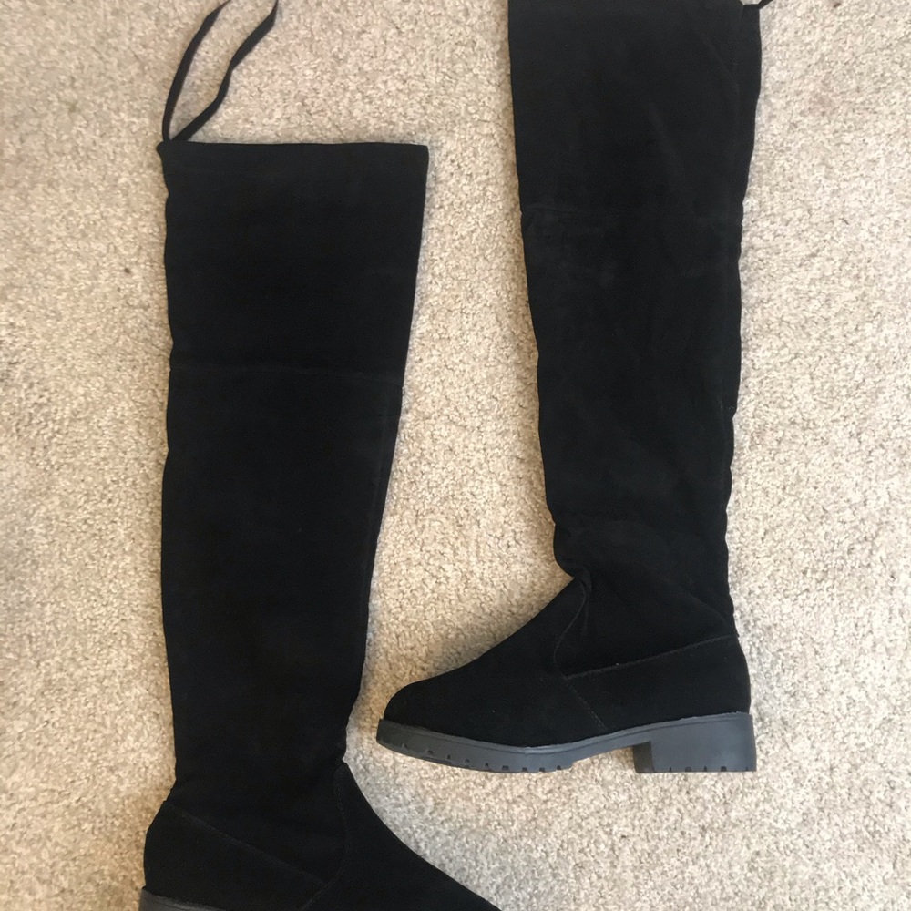 🛑AT COST! Vegan Suede Black Flat Knee Velvet Boots Slip On lined Boots - Picture 8 of 9